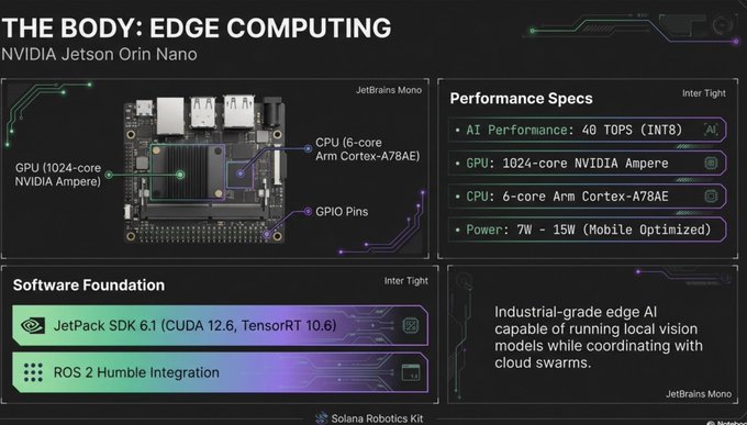 Technical diagram of the NVIDIA Jetson Orin Nano edge computing board, showing its 1024-core Ampere GPU, 6-core Arm Cortex-A78AE CPU, 40 TOPS AI performance, 7W-15W power, and JetPack SDK 6.1 / ROS 2 Humble software stack for the Solana Robotics Kit.