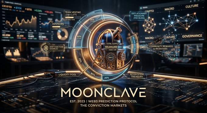 A futuristic promotional graphic for "MOONCLAVE" featuring a glowing central vault/treasure chest surrounded by a pie chart with segments labeled "TEAM VESTING (3YR CLIFF)", "LIQUIDITY POOL", "ECOSYSTEM TREASURY", "COMMUNITY REWARDS & INCENTIVES", "GOVERNANCE", "CULTURE", "MACRO", "CRYPTO", "DEFLATIONARY PRESSURE (FEE BURN)", and "MINT FUNCTION DISABLED", with text "EST. 2023 | WEB3 PREDICTION PROTOCOL THE CONVICTION MARKETS".