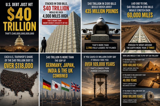 An infographic illustrating the scale of U.S. debt hitting $40 trillion, comparing it to over 4,000 miles of $100 bills stacked high, 435 million pounds in weight, 60,000 miles laid end to end, and each taxpayer's share of over $118,000. The caption emphasizes how this staggering national debt highlights the appeal of Bitcoin as an escape from traditional financial systems burdened by such exponential growth.