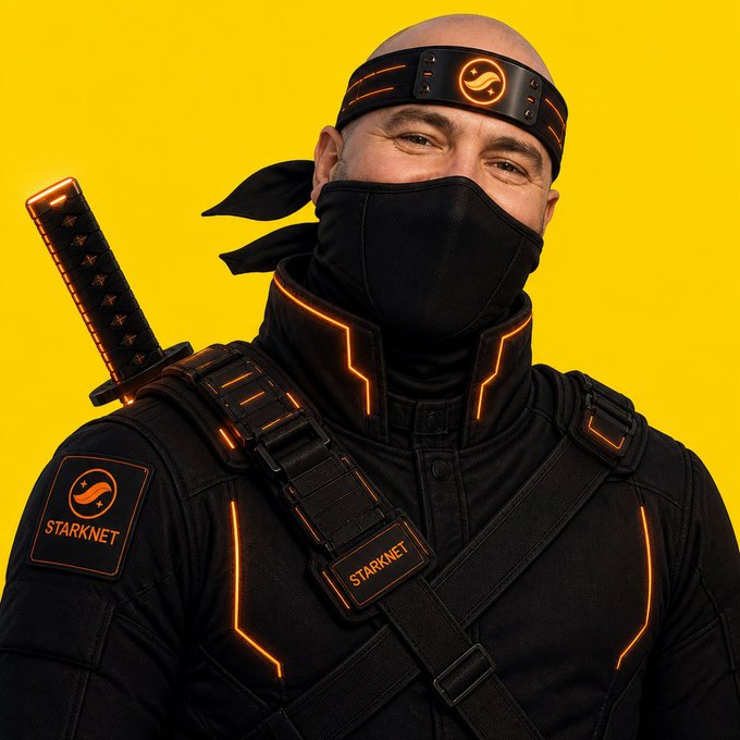 The image features a man wearing a black outfit, including a face mask that has an orange glow. He also has a sword strapped across his chest. The background of the image is yellow, which contrasts with the man's attire and emphasizes him as the main subject in the photo. The caption "gm starknet fam" suggests that this could be related to a StarNet or similar gaming company.