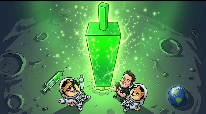 The image features a cartoon character wearing space suit, surrounded by another character wearing an astronaut's helmet. There are also two cat characters present in the scene along with a man character holding a large green soda machine. The background of the image is dark green and lit up with colorful light particles coming from various directions, adding to the overall visual effect of the drawing.