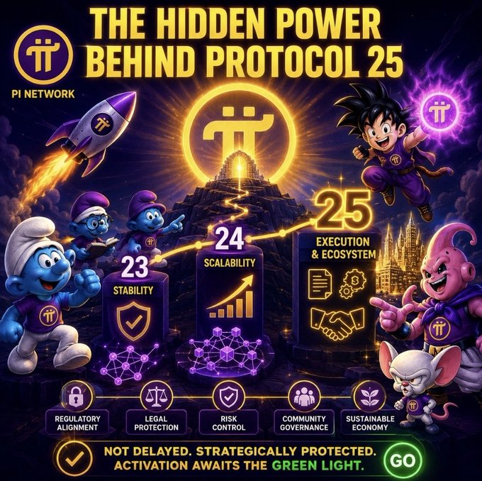 The image is a promotional graphic titled "THE HIDDEN POWER BEHIND PROTOCOL 25," featuring Pi Network branding alongside cartoon characters (smurfs and dragon-like figures) launching a rocket toward a glowing Pi logo atop a mountain. It displays a progression chart showing Protocol 23 (Stability), Protocol 24 (Scalability), and Protocol 25 (Execution & Ecosystem), supported by pillars labeled Regulatory Alignment, Legal Protection, Risk Control, Community Governance, and Sustainable Economy, with the tagline "NOT DELAYED. STRATEGICALLY PROTECTED. ACTIVATION AWAITS THE GREEN LIGHT."

The image visually reinforces the post's message by depicting each protocol upgrade as a deliberate, layered evolutionary step—building stability, then scalability, before unveiling the full execution and ecosystem capabilities of Protocol 25, mirroring the text's framing of protocol layers as "controlled evolutionary thresholds" that quietly expand capacity while concealing their broader financial architecture.