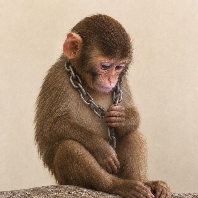 A young monkey with a melancholic expression sits hunched over, clutching a heavy metal chain draped around its neck.