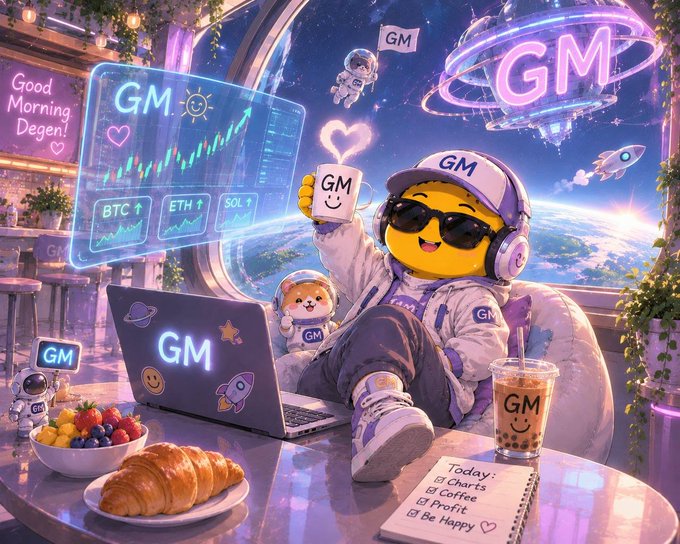 A colorful digital illustration of a yellow emoji character wearing an astronaut suit and sunglasses, holding a "GM" mug in a futuristic cafe overlooking Earth, with charts showing BTC, ETH, and SOL.