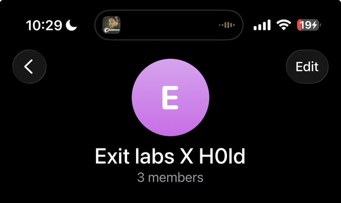 A screenshot shows a Snapchat group called "Exit labs X HOld" with 3 members, which appears to hint at insider or exclusive coordination regarding Hologram Technology Inc. (HOld). The cryptic "Probably nothing" caption with sunglasses emojis playfully downplays the apparent creation of an exclusive group chat, suggesting something noteworthy may be brewing.