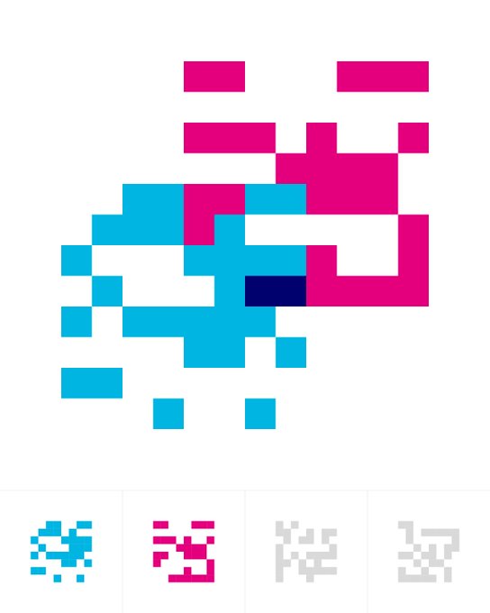 A pixel art graphic displays an abstract design in cyan, magenta, and dark blue on a white background, with four smaller pixelated versions shown below.