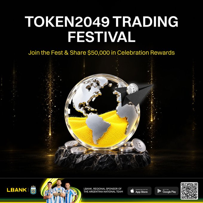 A promotional graphic for the TOKEN2049 Trading Festival on LBank, featuring a glass sphere displaying a globe with gold pouring out and Bitcoin coins, offering $50,000 in celebration rewards and sponsored by the Argentina National Team, with app download links and a QR code.