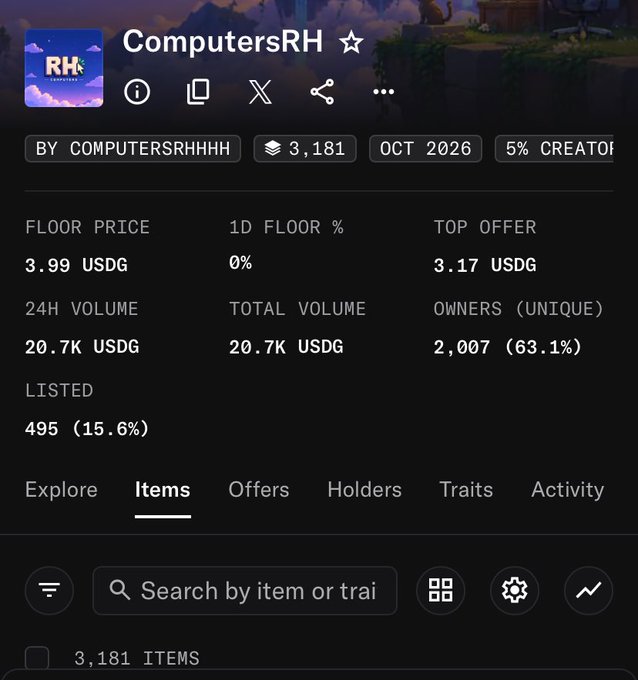 A mobile app screenshot shows a digital collectibles marketplace with an account named 'ComputersRH', displaying a collection of 3,181 items, a floor price of 3.99 USDG, and 2,007 unique owners.