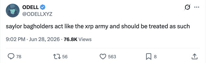 A screenshot of an X post by ODELL (@ODELLXYZ) reading "saylor bagholders act like the xrp army and should be treated as such," posted June 28, 2026 with 76.8K views, 78 replies, 563 likes, and 56 retweets. The image supports the context by showing a public figure mocking "Saylor bagholders" (MicroStrategy shareholders), highlighting the irony the caption describes after his hardware wallet allegedly failed.