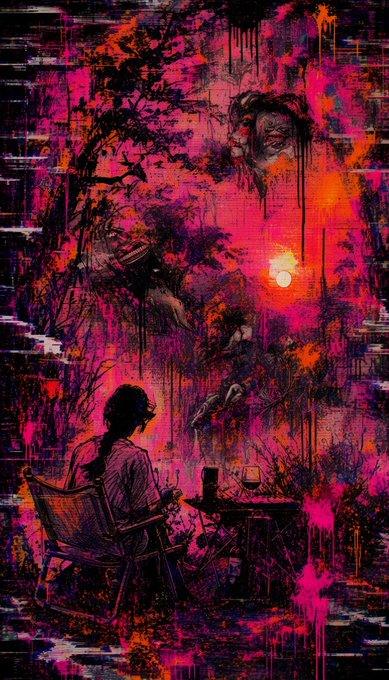A dark, glitch-art style illustration in pink, magenta, and black shows a silhouetted figure in a chair facing a table with a drink, while ghostly smiling faces loom in the textured, distressed background.