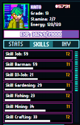 A pixel art video game character stats screen for 'KAITO' showing 5731 gold, Grade 13, and various skills like Job, Barman, DJ-Job, Gardening, Fishing, Mining, and Crafting with progress bars.