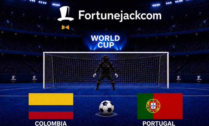 A soccer stadium graphic promoting a World Cup score prediction contest for the Colombia vs. Portugal match, featuring the Fortunejackcom logo and a goalkeeper preparing for a penalty kick. The image ties directly to the post's giveaway, where users predict the scoreline for a chance to win $40 in SOL.