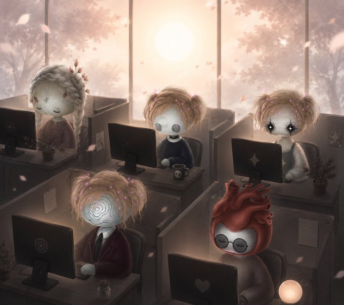A surreal digital artwork showing several stylized figures with spiral-patterned faces working at computers in an office, with a large sun shining through the windows.