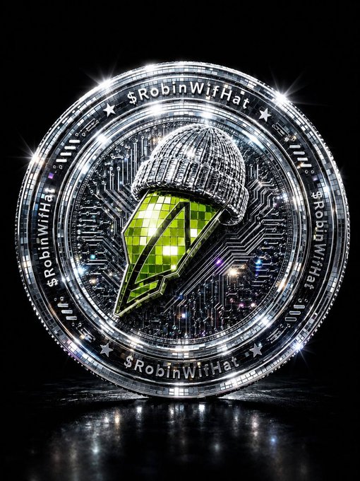 A 3D-rendered cryptocurrency coin labeled '$RobinWifHat' featuring a green geometric character wearing a knitted beanie, set against a black background.