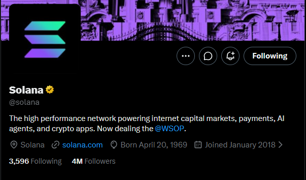 Twitter profile for Solana (@solana) describing it as 'The high performance network powering internet capital markets, payments, AI agents, and crypto apps,' with 4M followers and a Join date of January 2018.