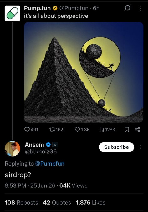 The image shows a Pump.fun tweet featuring the classic optical illusion of a figure pushing a boulder either up or down a steep pyramid, captioned "it's all about perspective." Ansem (@blknioz06) replies asking "airdrop?" highlighting how community members are pressuring @Pumpfun for an airdrop announcement, with the illusion's "perspective" theme cleverly symbolizing how token holders view the platform's value either optimistically (climbing) or pessimistically (falling).