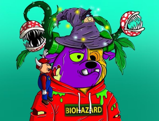 A cartoon character wears a purple wizard hat sprouting piranha plants, with a small Mario-like figure on his shoulder and a "BIOHAZARD" logo on his red hoodie, fitting the giveaway post showcasing two newly acquired Mutant Wizard BullBears NFTs in a collection now totaling 20.