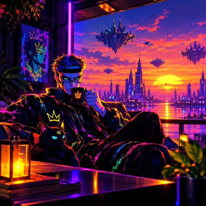 A cyberpunk/anime-style illustration of a character with blue face markings holding a mug with a crown logo, overlooking a futuristic city skyline at sunset with floating islands.