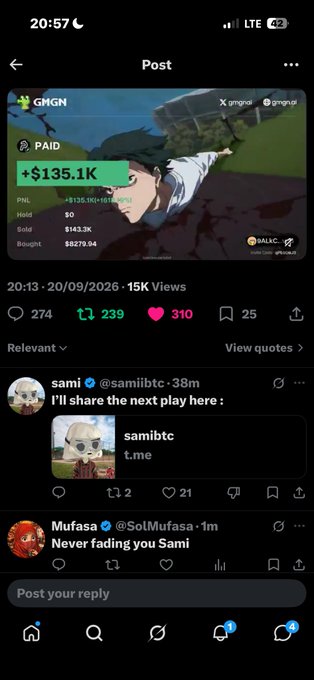A screenshot of a X (Twitter) post by GMGN showing a PNL of +$135.1K on a token trade, with replies from users 'sami' sharing a t.me link and 'Mufasa' commenting 'Never fading you Sami.'