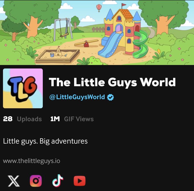 A profile page for 'The Little Guys World' (@LittleGuysWorld) with a verified checkmark, showing 28 uploads and 1M GIF views, featuring a cartoon playground scene and social media icons.