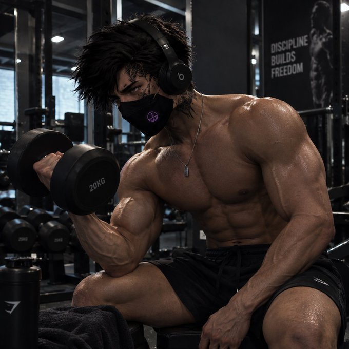 A highly detailed digital illustration of a muscular man lifting a 20KG dumbbell in a gym, wearing black shorts, a black mask, and Beats headphones, with a sign behind him reading 'DISCIPLINE BUILDS FREEDOM'.