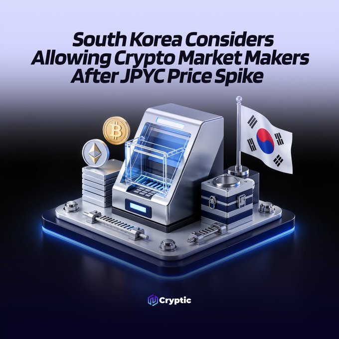 The image is a graphic titled "South Korea Considers Allowing Crypto Market Makers After JPYC Price Spike," featuring a 3D illustration of a crypto kiosk-like machine, a South Korean flag, a vault, and Bitcoin and Ethereum coins, visually representing the post's discussion about South Korea's Financial Services Commission (FSC) potentially easing restrictions on crypto market making following JPYC's brief depegging on Upbit.