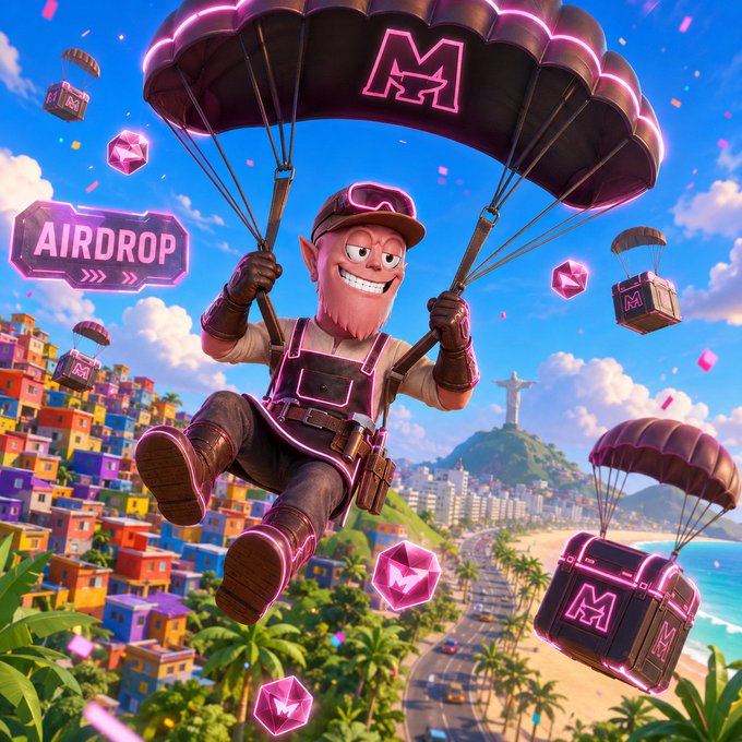 A bearded character in a cap and overalls descends via a parachute marked with an "M" logo over a colorful Brazilian favela and Rio de Janeiro coastline, with a glowing "AIRDROP" sign, pink diamond gems, and NFT crates floating alongside him—visually representing the distribution of battle passes, Pink Diamonds, Energy NFTs, and Legendary AI Assistant NFTs to Moody Mights holders as the new season launches.