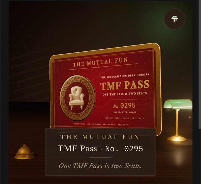 A digital membership card titled 'THE MUTUAL FUN' and 'TMF PASS No. 0295' with a note 'One TMF Pass is two Seats,' set against a dark background featuring a desk lamp and bell.
