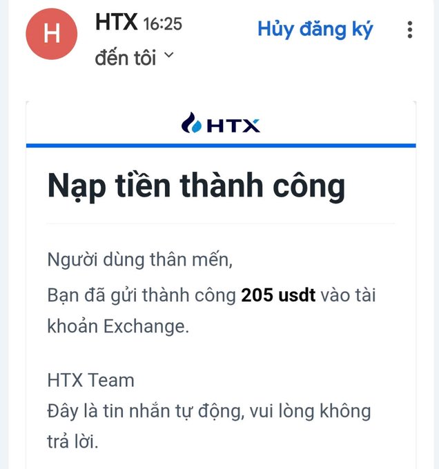 A screenshot of a notification from HTX in Vietnamese stating 'Nạp tiền thành công' (Deposit successful), confirming a successful deposit of 205 USDT.