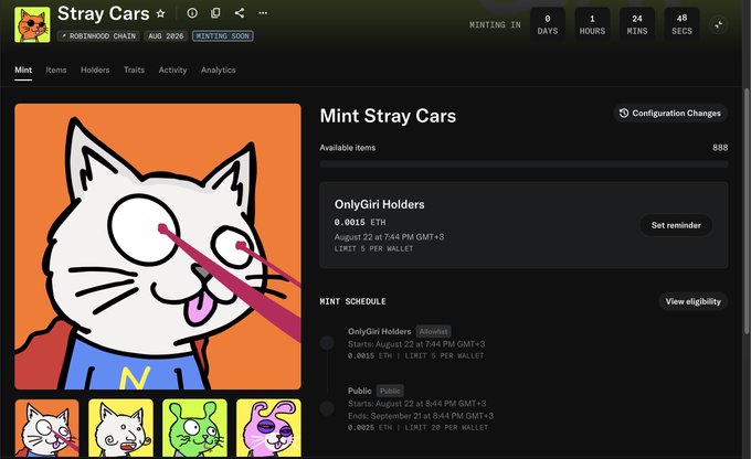 A webpage for minting 'Stray Cats' NFTs on Robinhood Chain, featuring a cartoon white cat with laser eyes and minting schedule details in the August timeframe.