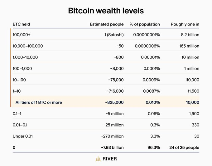 A table titled "Bitcoin wealth levels" from River showing BTC holdings distribution across approximately 825,000 people who own 1 BTC or more (0.010% of population, or roughly 1 in 10,000), with progressively smaller tiers down to 7.93 billion people holding 0 BTC (96.3%, or 24 of 25 people). The image supports the post's message that even small amounts of Bitcoin place holders in rare wealth tiers.