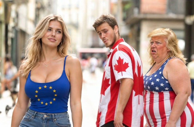 A staged street photo showing three people: a woman in a blue tank top with the EU flag stars, a man in a red and white shirt with the Canadian maple leaf flag looking back, and a person in a USA flag dress looking displeased.