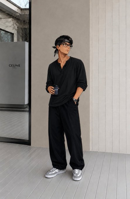 A stylish figure poses in an all-black ensemble with a "Degen" headband, standing near a "CELINE PARIS" sign while holding a coffee cup. The image's edgy, fashion-forward aesthetic complements the post's crypto-focused "gm" greeting and references to $Ansem, TermMaxFi, and The ARC Terminal projects.