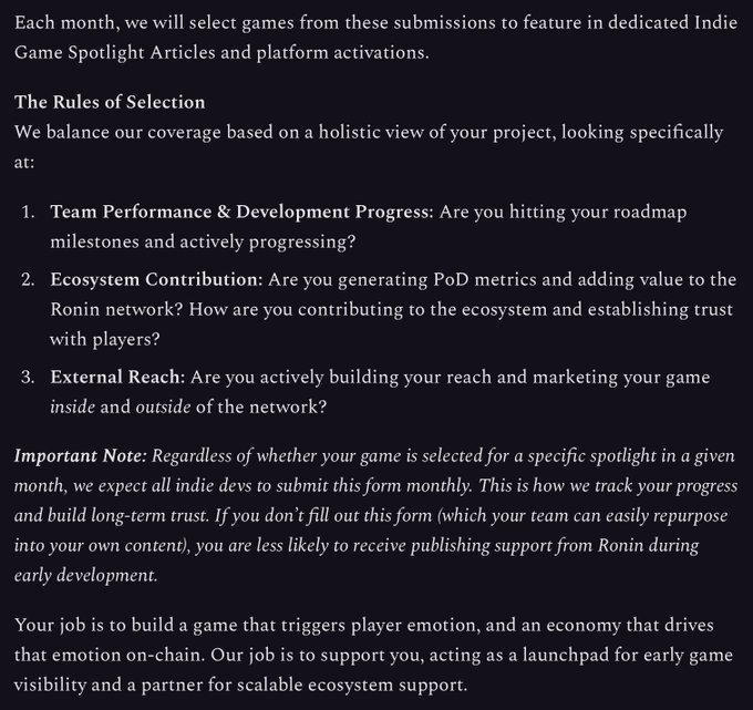 A text document detailing 'The Rules of Selection' for indie game submissions, evaluating Team Performance & Development Progress, Ecosystem Contribution, and External Reach for publishing support.