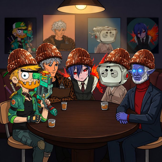 An anime-style illustration shows five characters, each wearing a shiny copper-colored beanie, sitting around a wooden table under a hanging lamp with portrait paintings of them on the wall behind.