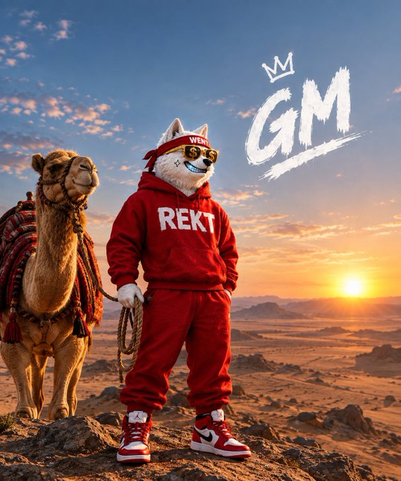 A digital artwork showing a white cat character wearing a red 'REKT' hoodie and 'WENLAMBO' sunglasses holding a camel at sunset, with 'GM' text and a crown logo in the corner.