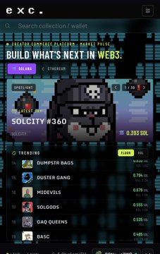 A screenshot of the 'exc.' NFT marketplace interface featuring the collection 'SOLCITY #360' with a pixelated character, and a trending list including 'DUMPSTR BAGS', 'DUSTR GANG', 'MIDEEVILS', 'SOLGODS', 'QAQ QUEENS', and 'BASC'.
