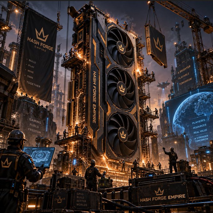 A cinematic sci-fi promotional image for 'HASH FORGE EMPIRE' featuring a massive triple-fan GPU in an industrial mining facility, with banners reading 'BUILD, PLAY, MINE, OWN, TOGETHER' and 'GPUS BUILD BETTER WORLDS'.