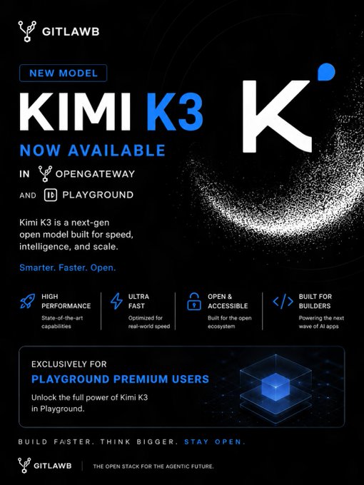 A promotional graphic from GitLaw announcing that the Kimi K3 next-gen open model is now available on OpenGateway and Playground (exclusively for Playground Premium users), highlighting its high performance, ultra-fast speed, open accessibility, and builder-friendly design.