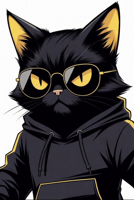 An illustration of a black cat wearing yellow-tinted sunglasses and a black hoodie with yellow trim, drawn in an anime style.