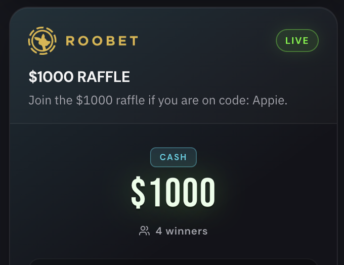 A Roobet promotion announces a '$1000 RAFFLE' live, encouraging users on code 'Appie' to join for a chance to win cash among 4 winners.