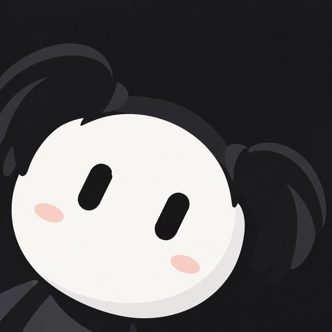 A cute cartoon character with a round white face, black pigtails, pink blush cheeks, and simple black oval eyes against a dark background.