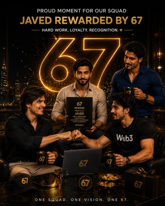 Promotional graphic titled 'PROUD MOMENT FOR OUR SQUAD - JAVED REWARDED BY 67' featuring four men celebrating around a plaque with the number 67, with text reading 'HARD WORK. LOYALTY. RECOGNITION.' and 'ONE SQUAD. ONE VISION. ONE 67.'