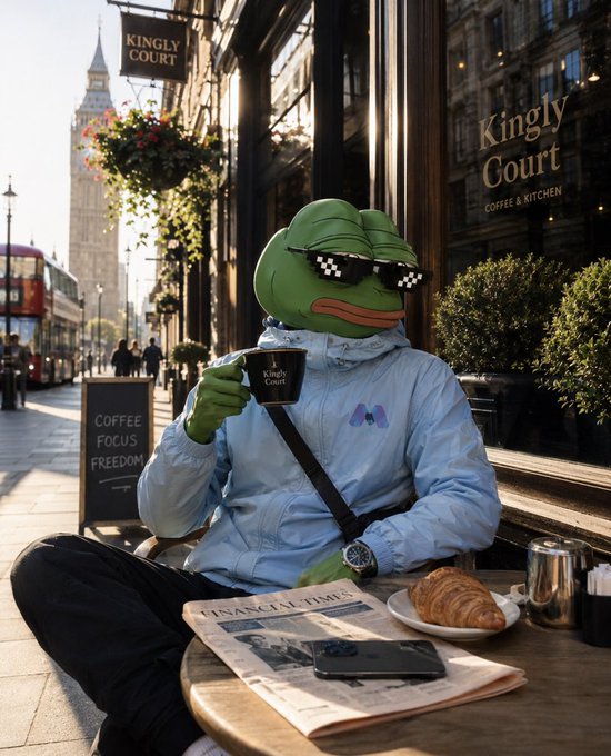 The image features a person sitting at an outdoor table, wearing sunglasses and holding a cup of coffee while reading a newspaper. The scene takes place outside a coffee shop or restaurant with a large building visible behind them. A frog statue can be seen on the sidewalk nearby, adding a unique touch to the setting. The post about the frog token makes it clear that the person in the image is not wearing sunglasses for fashion purposes but rather as part of an advertisement or promotional campaign related to the frog token.