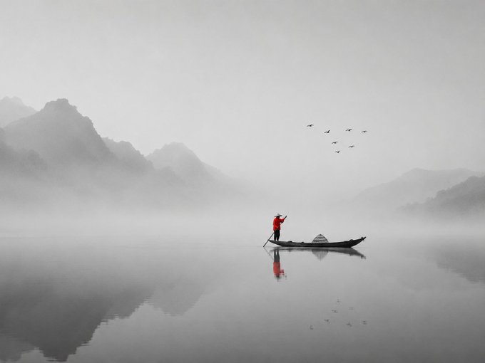 A serene, misty landscape featuring a lone figure in red on a small boat in calm water, with mountains in the background and birds flying overhead, rendered in a minimalist style.