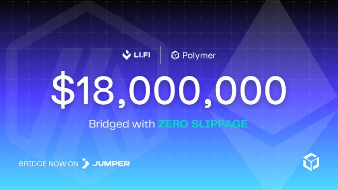 A promotional graphic displaying '$18,000,000 Bridged with ZERO SLIPPAGE' featuring LI.FI and Polymer logos, with 'BRIDGE NOW ON JUMPER' at the bottom.