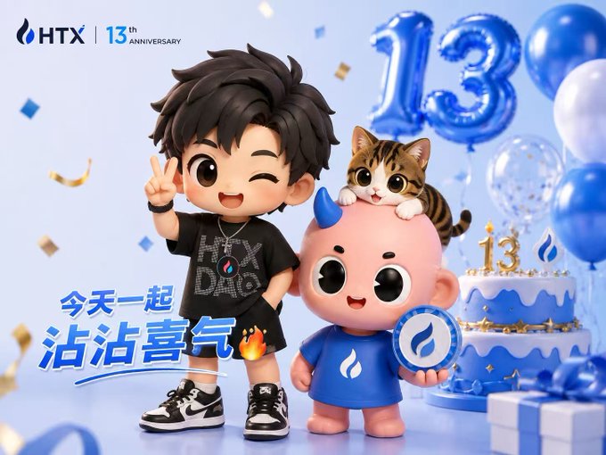 A promotional image for HTX's 13th Anniversary featuring a 3D cartoon character and a mascot holding a cat, alongside blue balloons, a '13' cake, and Chinese text.