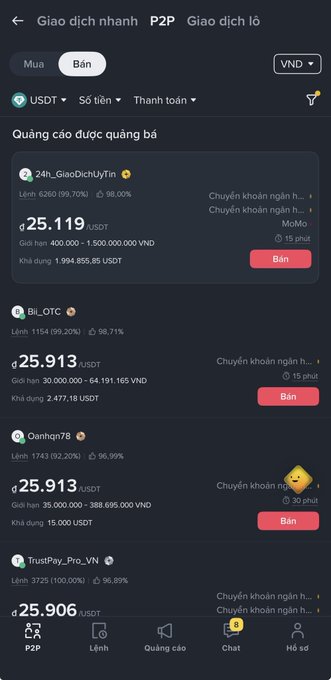 A Vietnamese-language mobile app screenshot for a P2P 'Bán' (Sell) USDT transaction page, showing multiple seller listings with prices, limits, and payment methods.