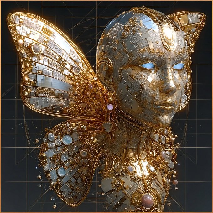 A detailed 3D render of a metallic humanoid figure with butterfly wings, constructed from gold and silver panels, gems, and circuitry against a dark grid background.