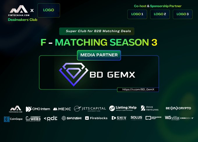 Promotional graphic announcing BD GemX as a Media Partner for Dealmakers Club's "F - Matching Season 3," an event by fintech24h.com featuring co-host/sponsorship partner placeholders and logos of supporting companies including MEXC, JETS Capital, Fireblocks, SHIV, CoinGape, and BE(IN)CRYPTO, with BD GemX's Facebook link (https://x.com/BD_GemX) displayed prominently.